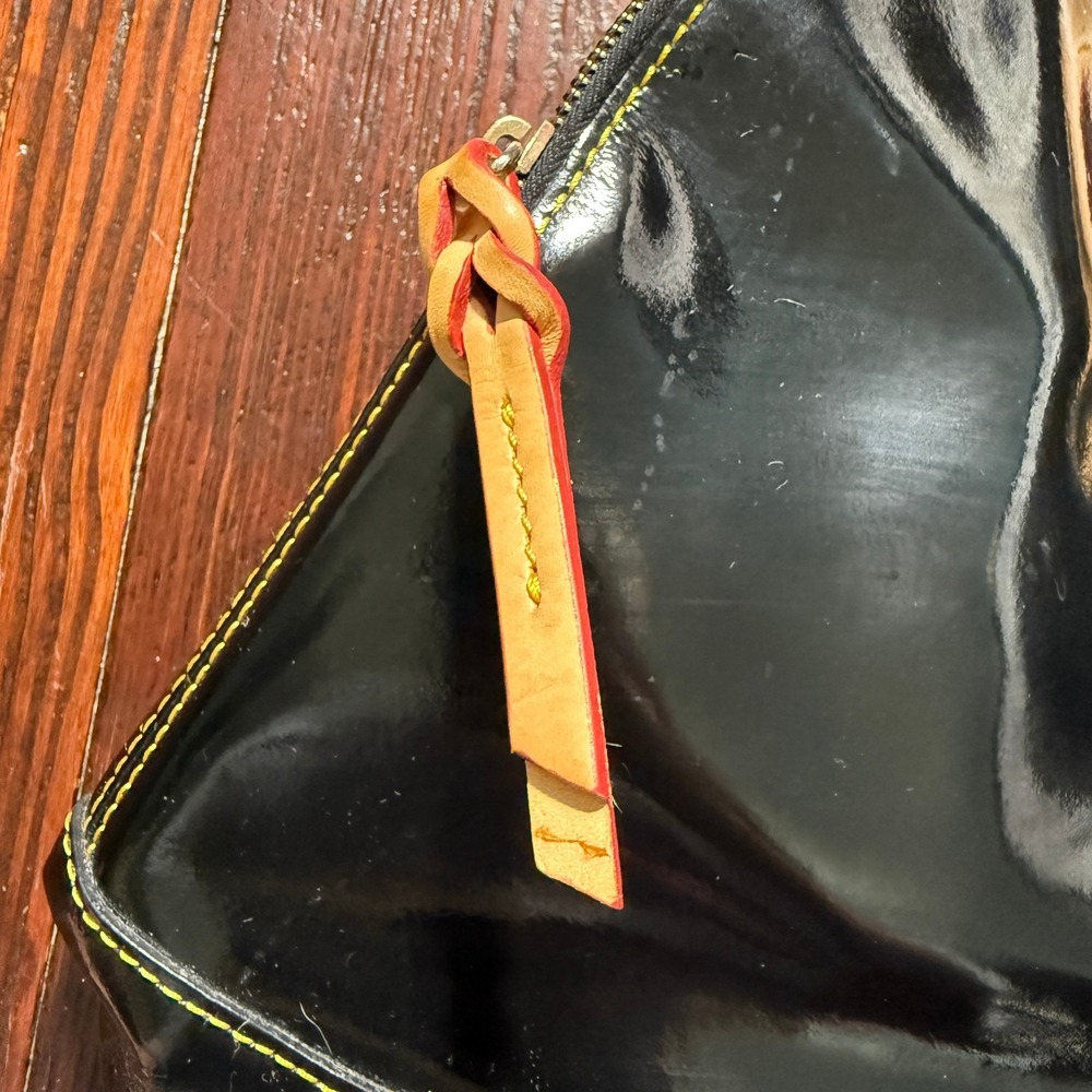 Vintage Dooney & Bourke Purse Glossy Black Brown Leather Hobo Bag - Picture 4 of 13